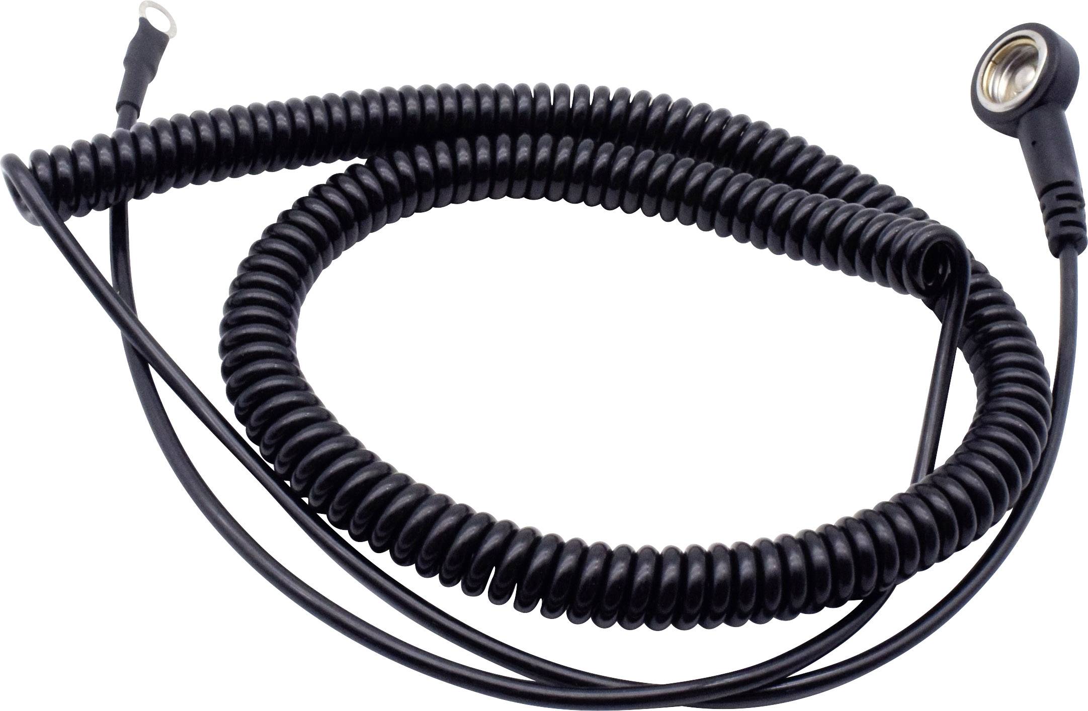 Ein schwarzes, spiralförmiges Verlängerungskabel, das aufgerollt ist. Am Ende befinden sich spezielle Anschlüsse.