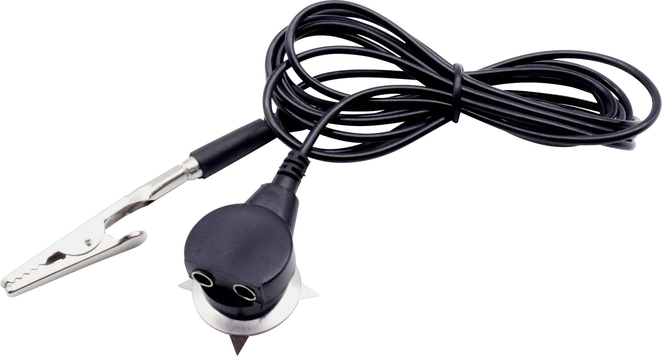 Ein schwarzes Kabel mit einer Krokodilklemme und einem runden, zweipoligen Anschluss. Es scheint ein elektrisches Testgerät zu sein.