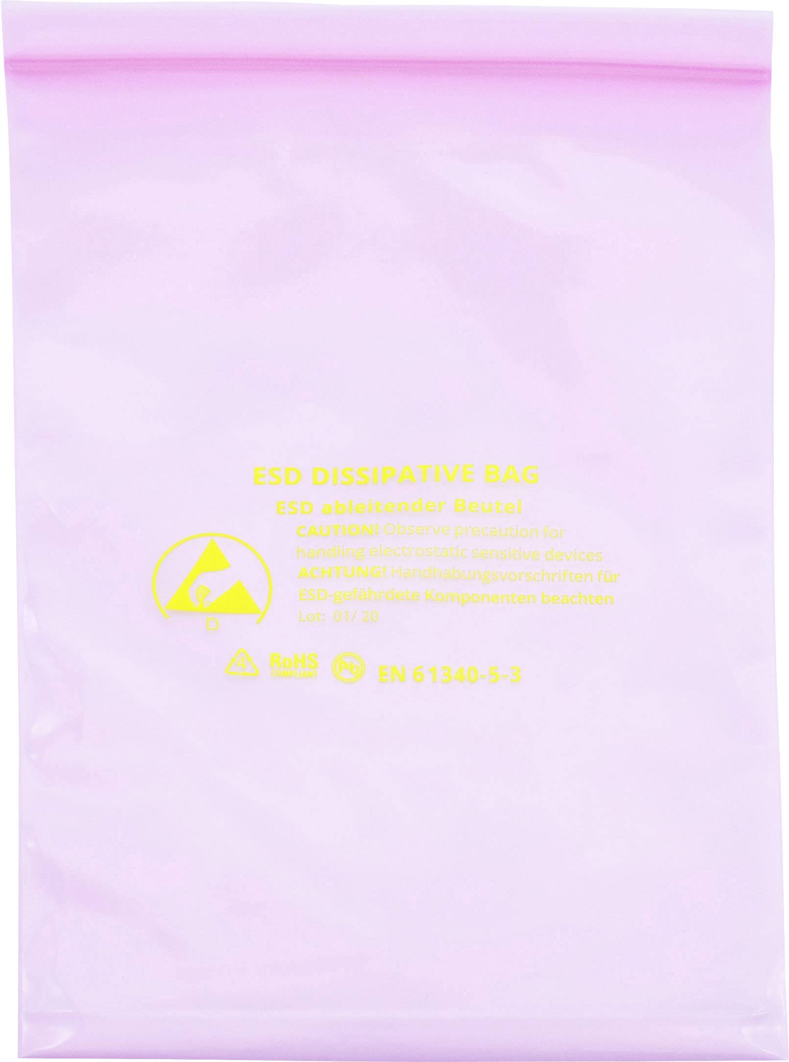 Ein rosafarbener, elektrostatisch ableitender Beutel mit Aufschrift: 'ESD DISSEPTIVE BAG'. Enthält Warnhinweise zum Schutz vor statischer Elektrizität.