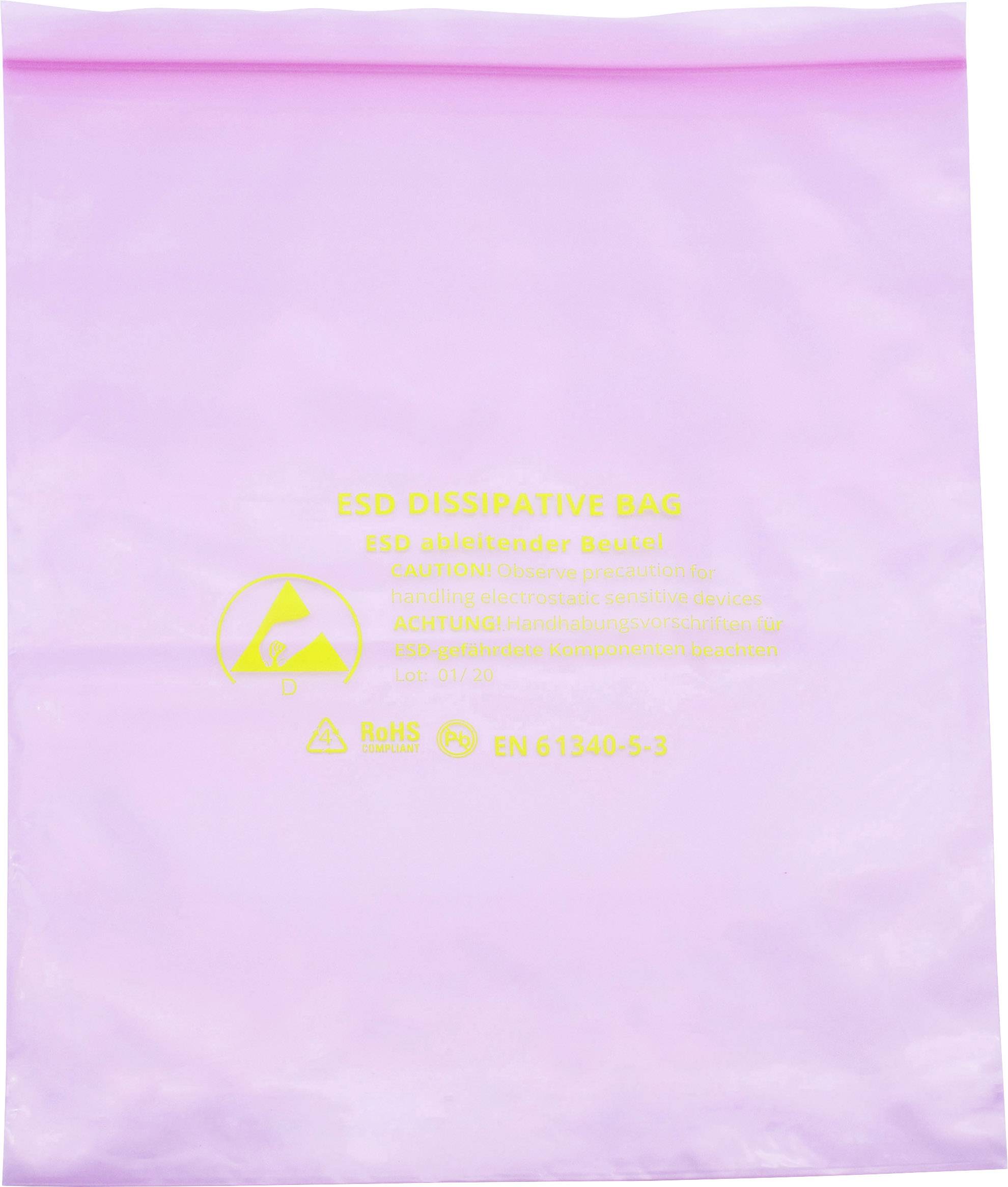 Lila ESD ableitender Beutel mit englischem und deutschem Warnhinweis zur Vorsicht beim Umgang mit elektronisch sensiblen Geräten.