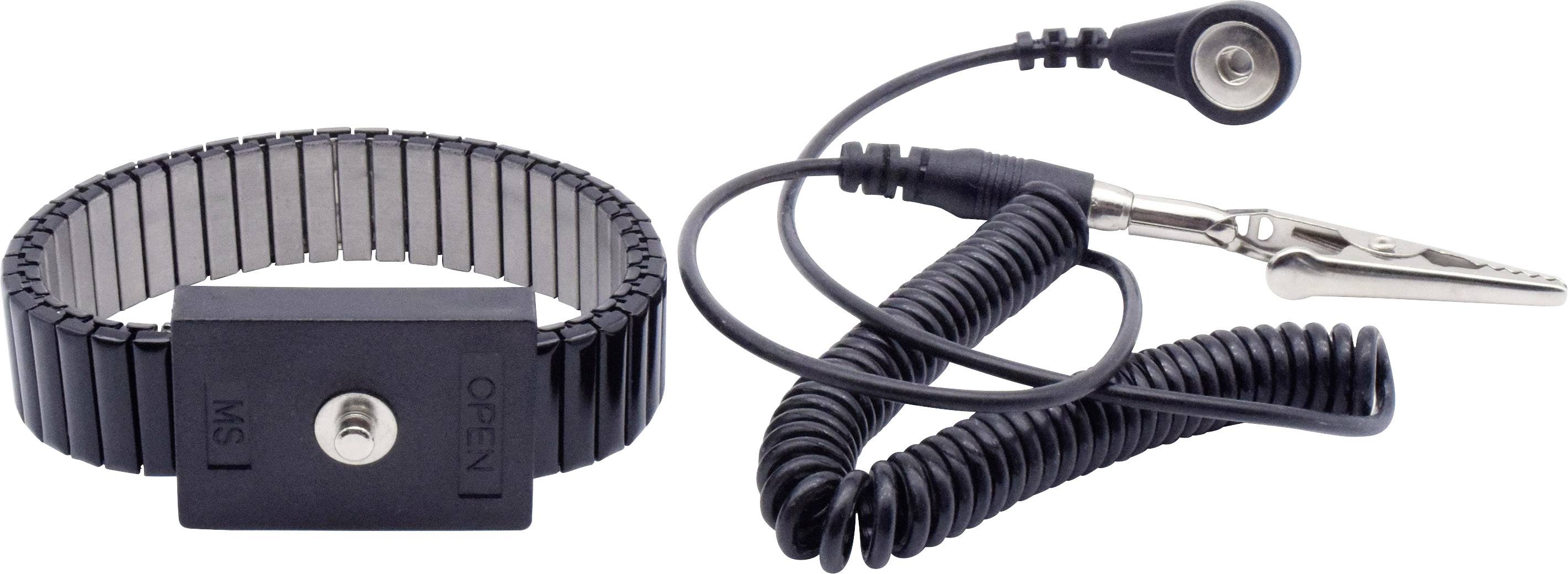 Ein antistatisches Armband mit einem Erdungskabel und Krokodilklemme, verwendet zum Schutz vor elektrostatischer Entladung.