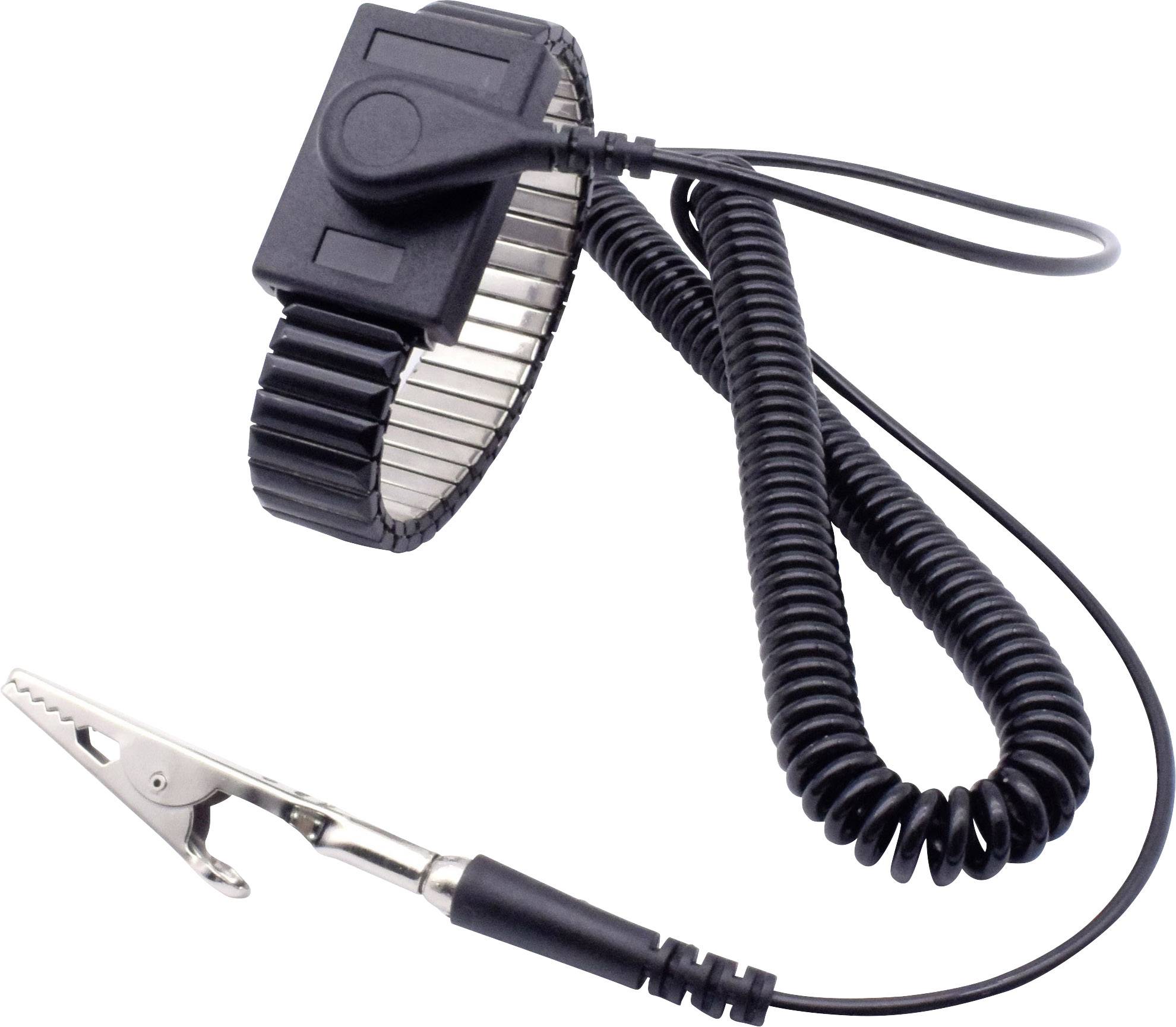 Ein Antistatik-Armband mit spiralförmigem Kabel und Krokodilklemme zur Erdung, häufig bei der Arbeit mit elektronischen Bauteilen genutzt.