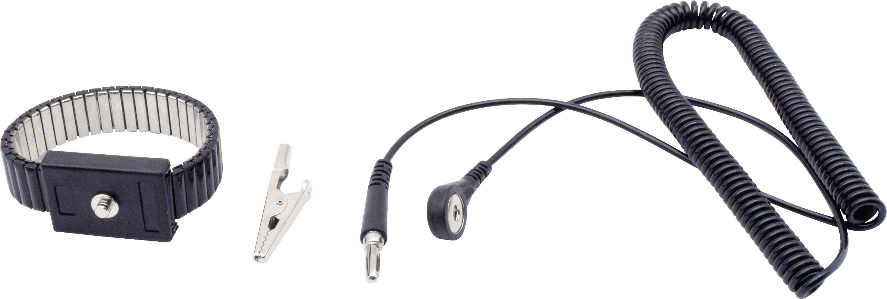 Elektrostatik-Armband-Set, bestehend aus Armband, Krokodilklemme und spiralförmigem Kabel. Verwendet zur Erdung beim Arbeiten mit Elektronik.