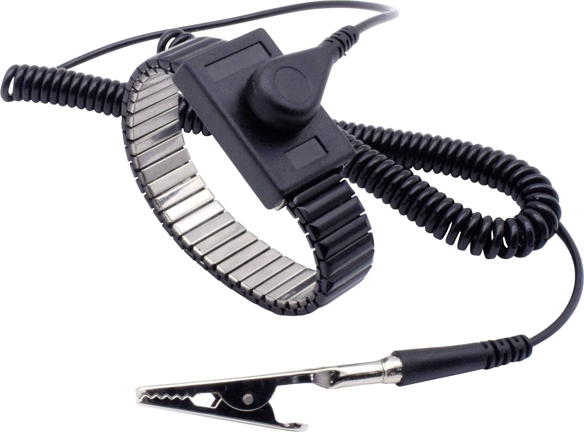 ESD-Armband aus Metall mit Spiralkabel und Krokodilklemme, verwendet zum Ableiten elektrostatischer Ladungen und zum Schutz elektronischer Bauteile.