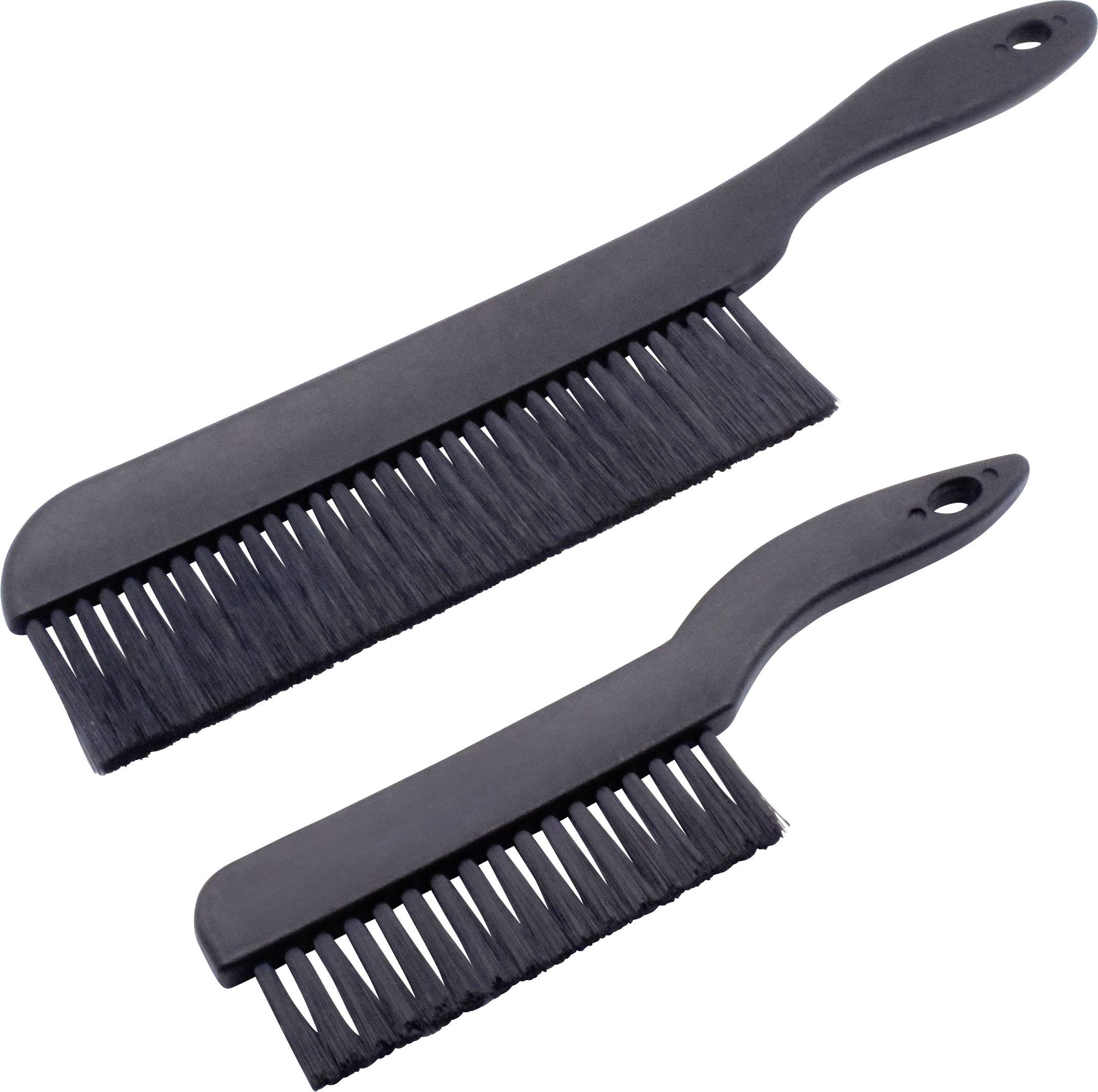Zwei schwarze Kämme unterschiedlicher Größe, nebeneinander liegend, mit gebogenen Griffen und dichten Borsten.
