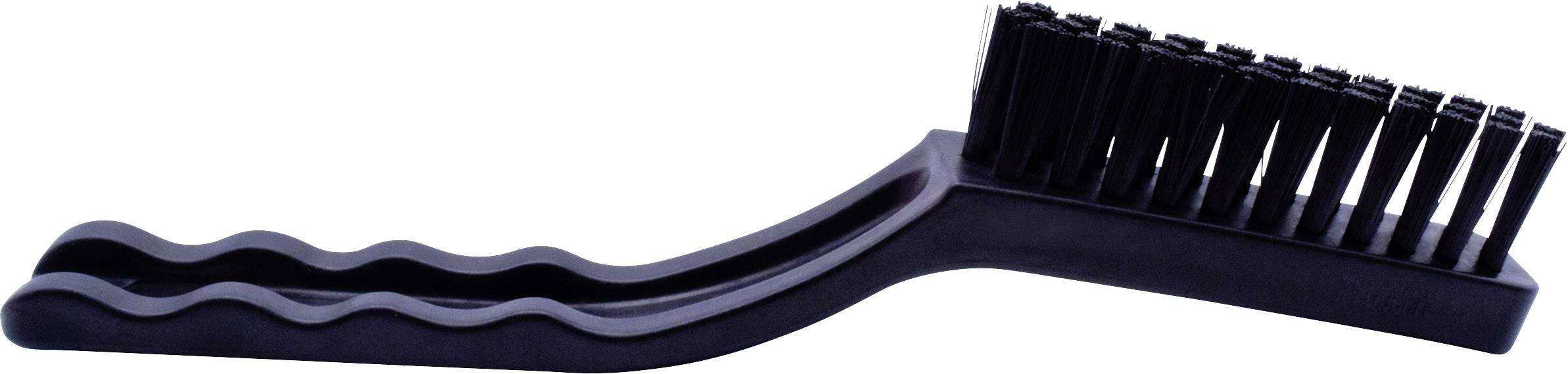 Schwarze Reinigungsbürste mit wellenförmigem Griff und eng gesetzten Borsten. Eignet sich für detaillierte Reinigungsarbeiten.
