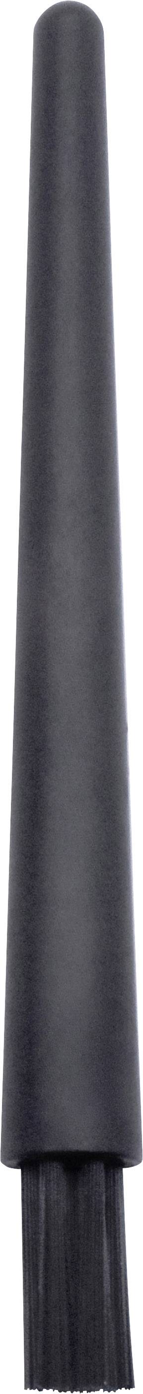 Ein schwarzer, kegelförmiger Gegenstand mit Bürsten am unteren Ende, möglicherweise ein Reinigungswerkzeug oder Aufsatz.