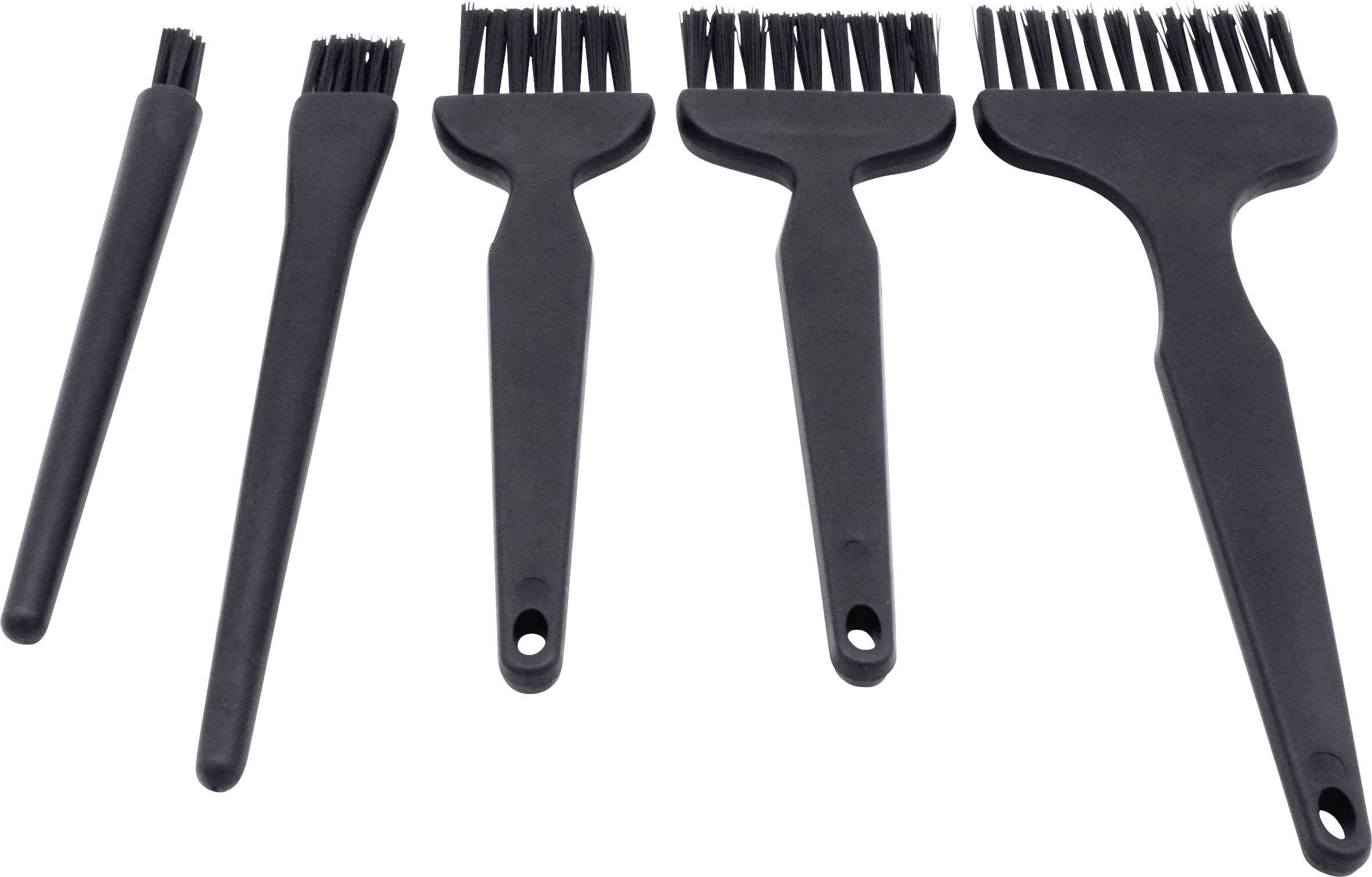 Fünf schwarze Pinsel unterschiedlicher Größe, alle mit Kunststoffgriff und Borsten, nebeneinander in einer Reihe angeordnet.