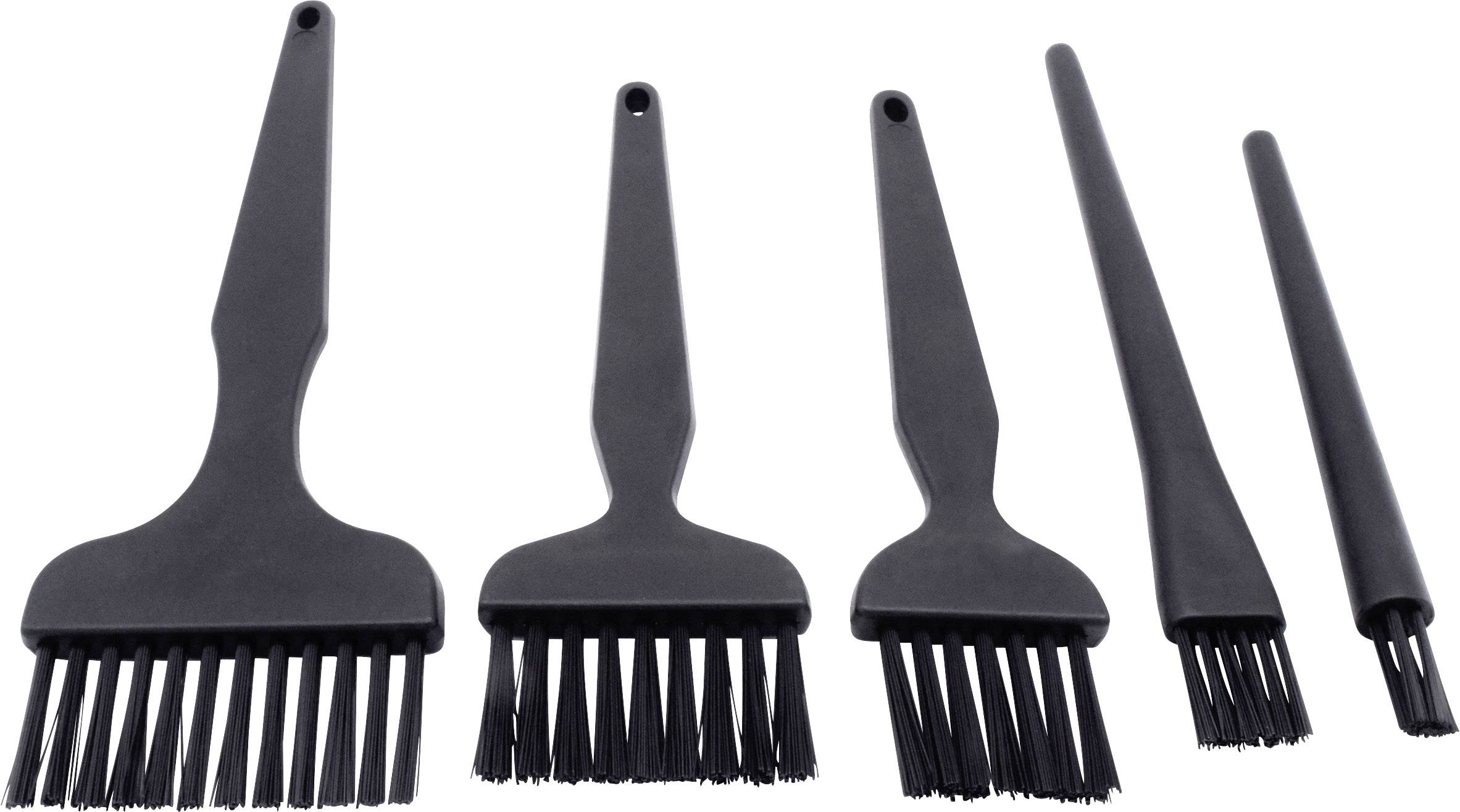 Fünf schwarze Grillpinsel in verschiedenen Größen nebeneinander auf weißem Hintergrund angeordnet.