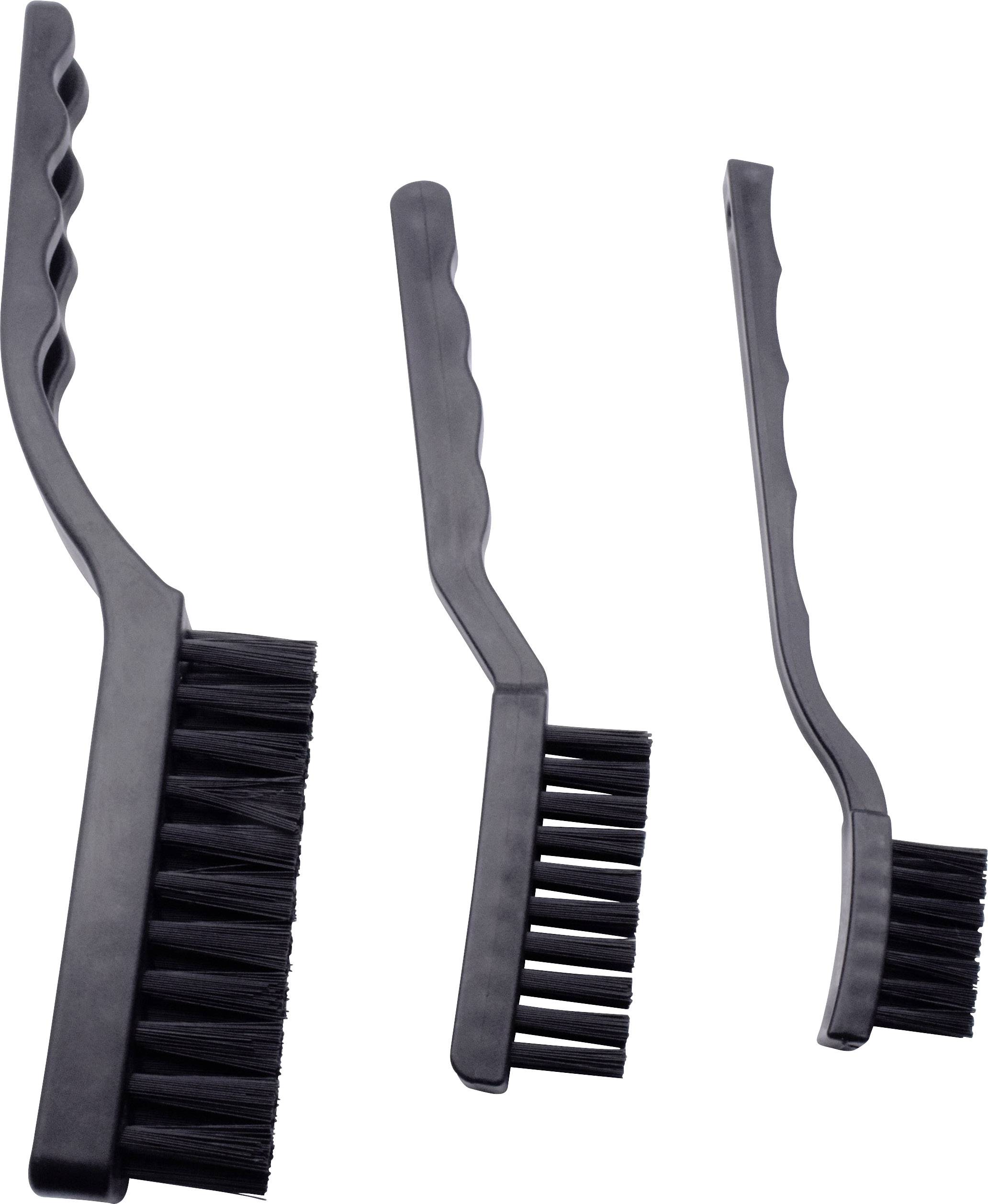 Drei schwarze Bürsten mit gewellten Griffen in verschiedenen Größen. Sie sind nebeneinander angeordnet und in einer diagonalen Linie ausgerichtet.