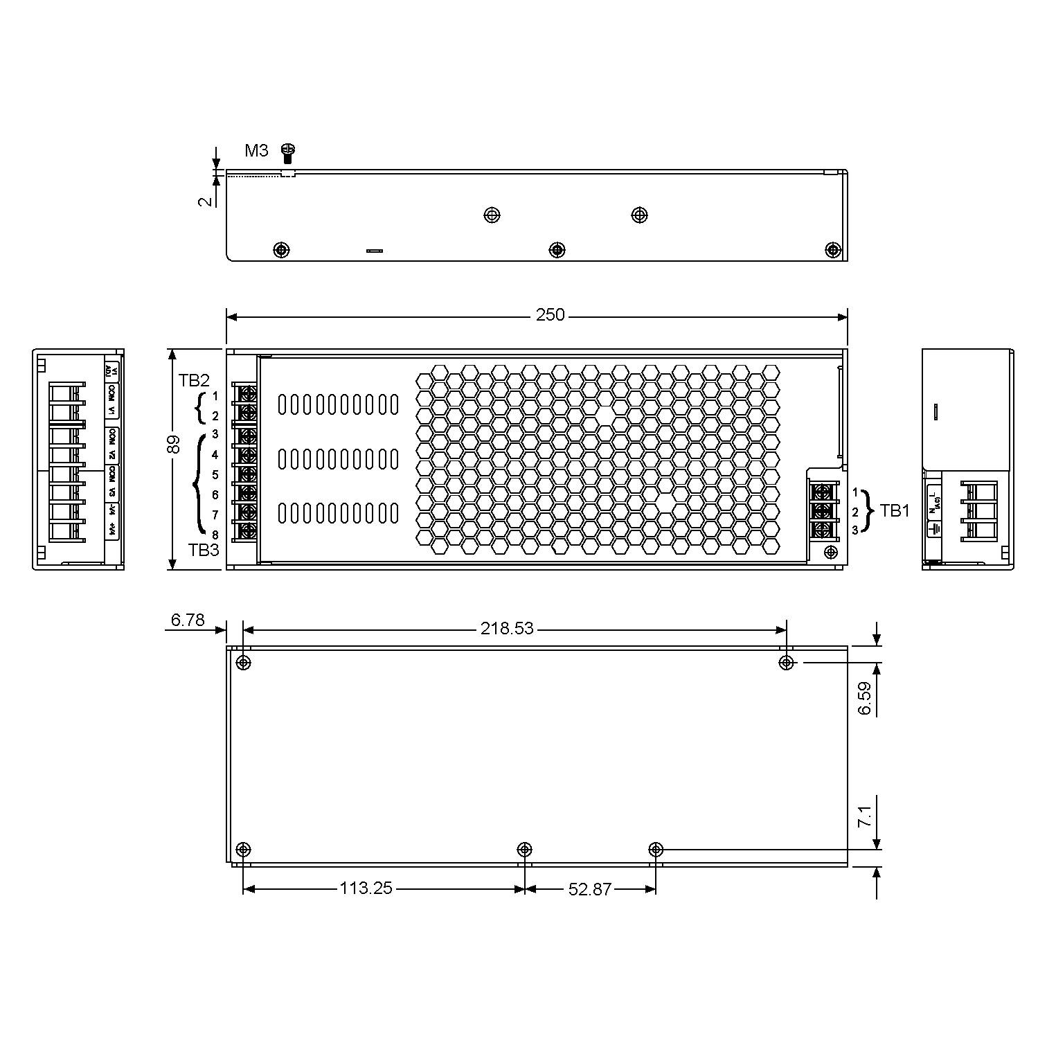 Technische Zeichnung eines rechteckigen mechanischen Bauteils mit detaillierten Maßen und Anschlüssen, Draufsicht und Seitenansichten.