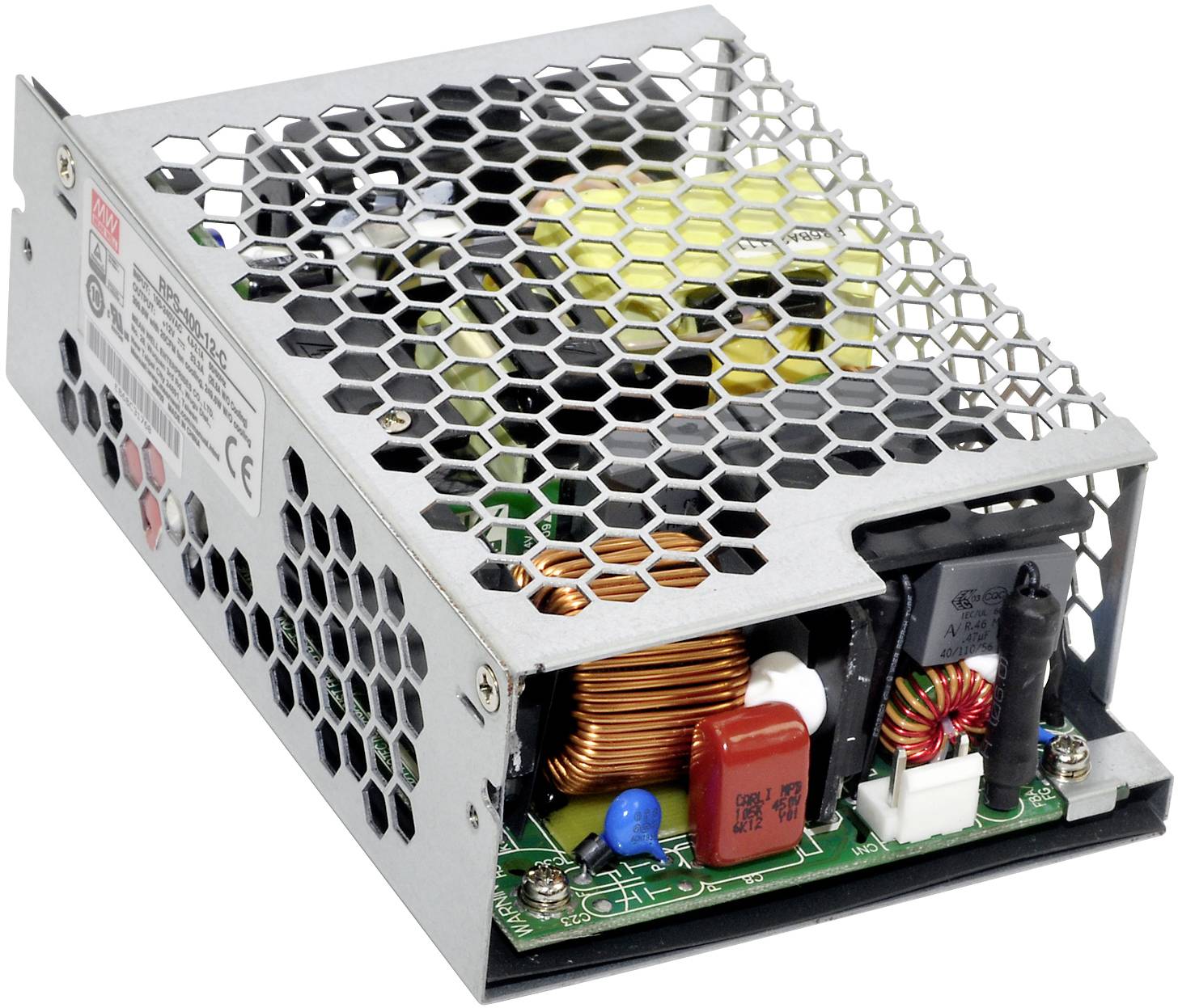 Schaltnetzteil in einem Metallgehäuse mit Wabengitter. Sichtbare elektronische Komponenten wie Kondensatoren und Spulen. Geeignet für technische Anwendungen.