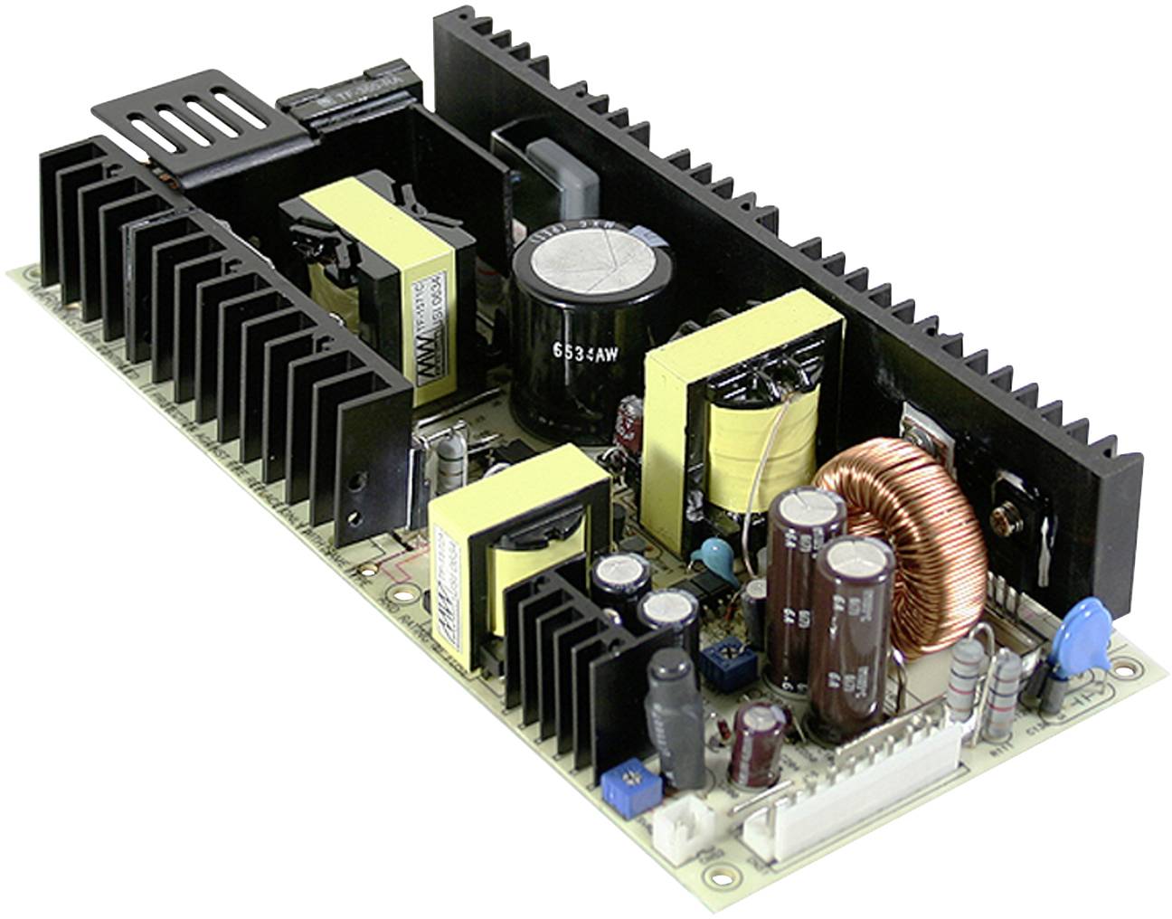 Elektronische Leiterplatte mit Kühlkörpern, Kondensatoren und Spulen; Teil einer Stromversorgungseinheit.