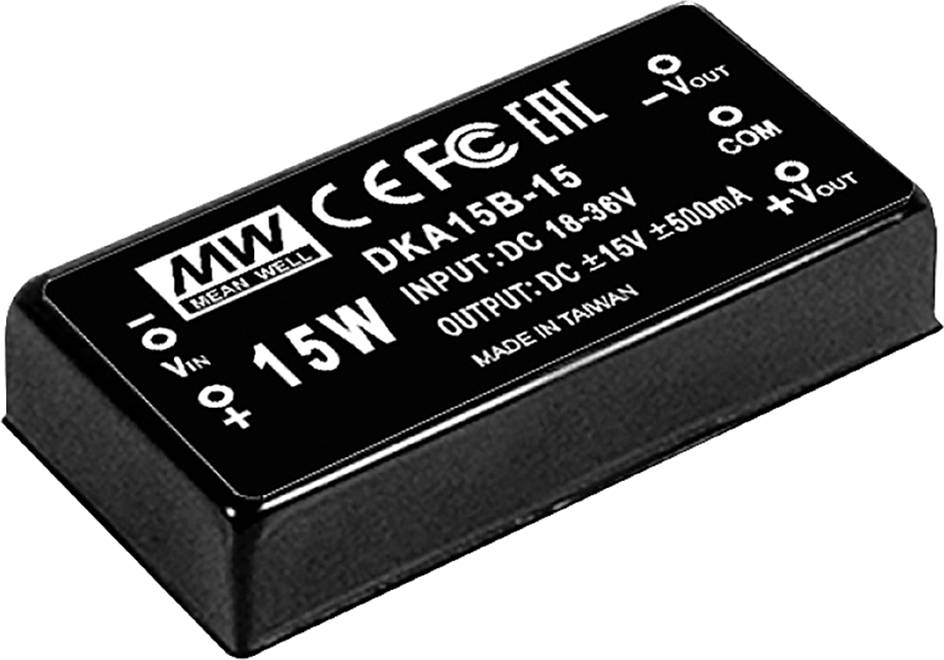 'Schwarzer Spannungswandler mit Beschriftung der Ein- und Ausgangsparameter und Logos von Zertifizierungen. Markenname 'MEAN WELL'.'