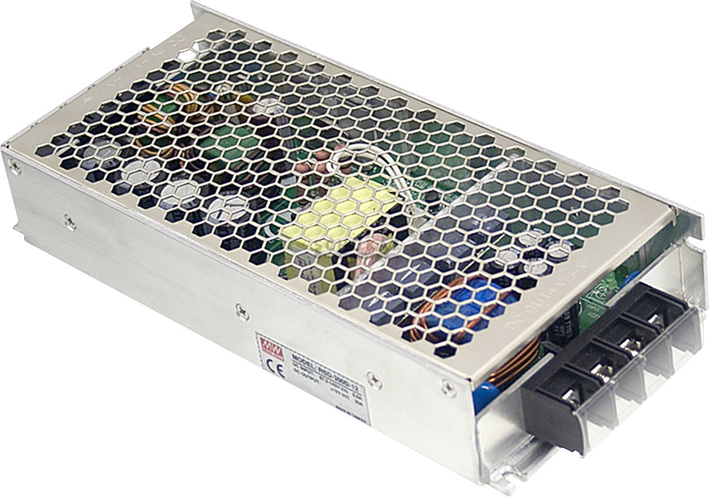 Metallisches Netzgerät mit wabenförmigem Schutzgitter. Sichtbare Drähte und Komponenten im Inneren. Geeignet für elektronische Anwendungen.