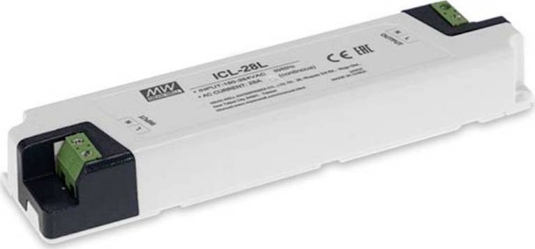 Elektronisches Vorschaltgerät, rechteckiges Gehäuse, Anschlüsse an beiden Enden. Auf der Oberseite technische Daten und Produktinformationen.
