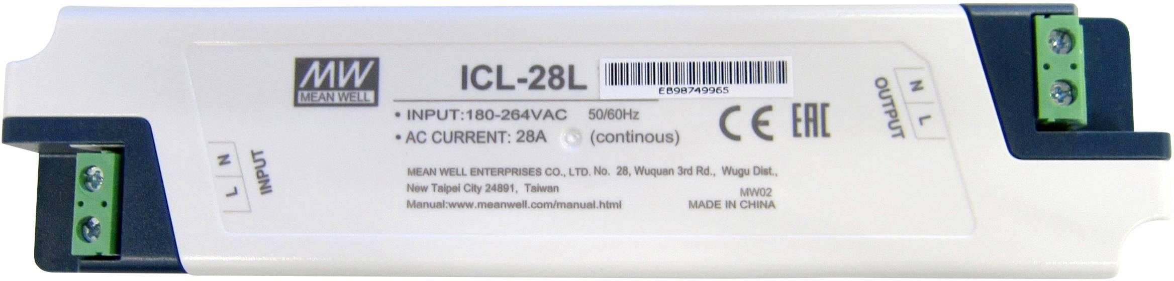 Ein Netzteilmodell ICL-28L von MW, geeignet für 180-264VAC Eingang, 50/60Hz, mit 2A Stromstärke. CE- und EAC-zertifiziert.