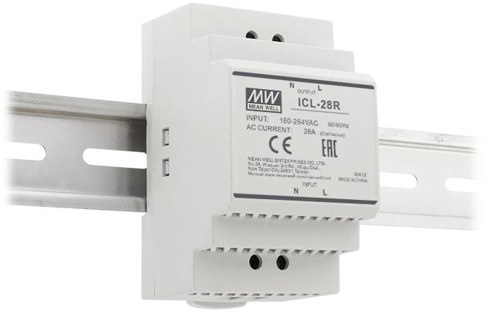 Netzfilter ICL-28R von Mean Well, montiert auf einer DIN-Schiene. Unterstützt Eingangsspannung 180-264VAC, 50/60Hz, Nennstrom 28A. Enthält CE- und EAC-Kennzeichnung.
