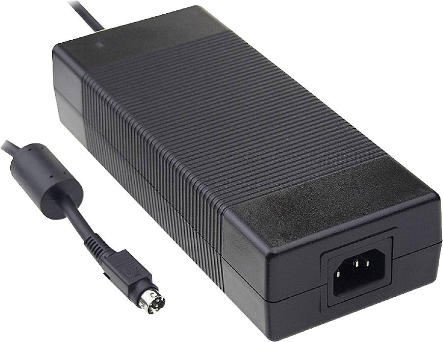 Schwarzes Laptop-Ladegerät mit Kabel und Stecker, geeignet für den Anschluss an ein Netzteil.