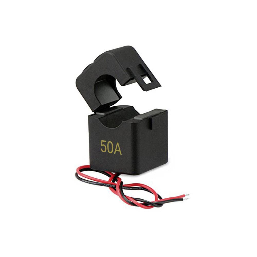 Schwarzer Stromsensor mit offener Klemme und der Aufschrift '50A', mit zwei angeschlossenen rot-schwarzen Kabeln.