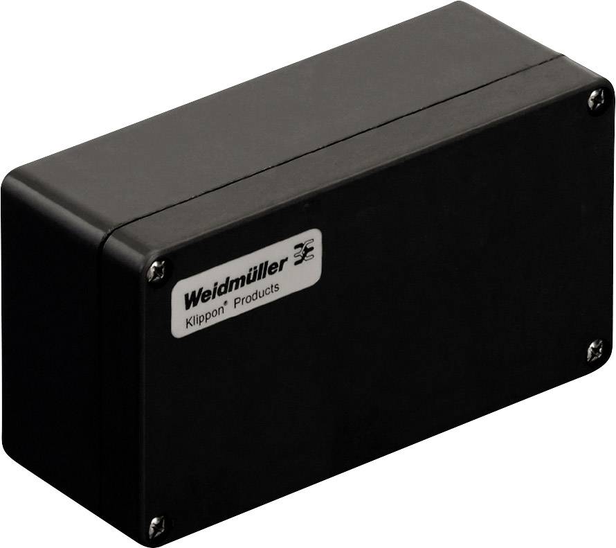 Schwarzes rechteckiges Gehäuse mit der Aufschrift 'Weidmüller Klippon Products' auf einer Plakette an der Seite.