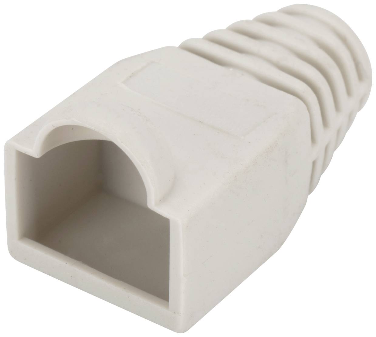 Beiger RJ45-Schutzstecker mit gerippter Oberfläche zeigt eine hohle rechteckige Öffnung zur Kabelverbindung.