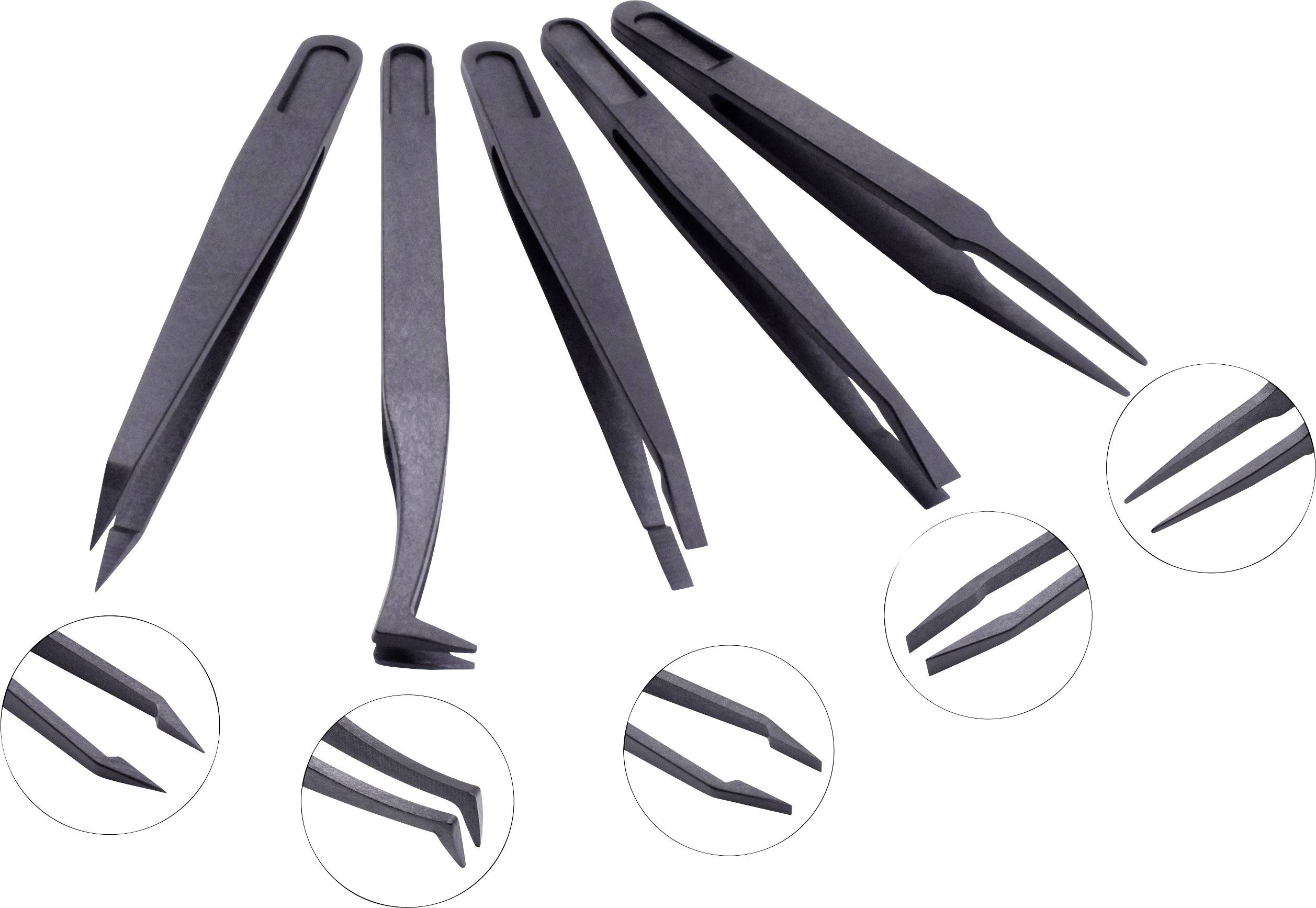 Quadrios 1903EC095 ESD Pinzette 5teilig Flach-breit, Flach, gebogen, Abgerundet