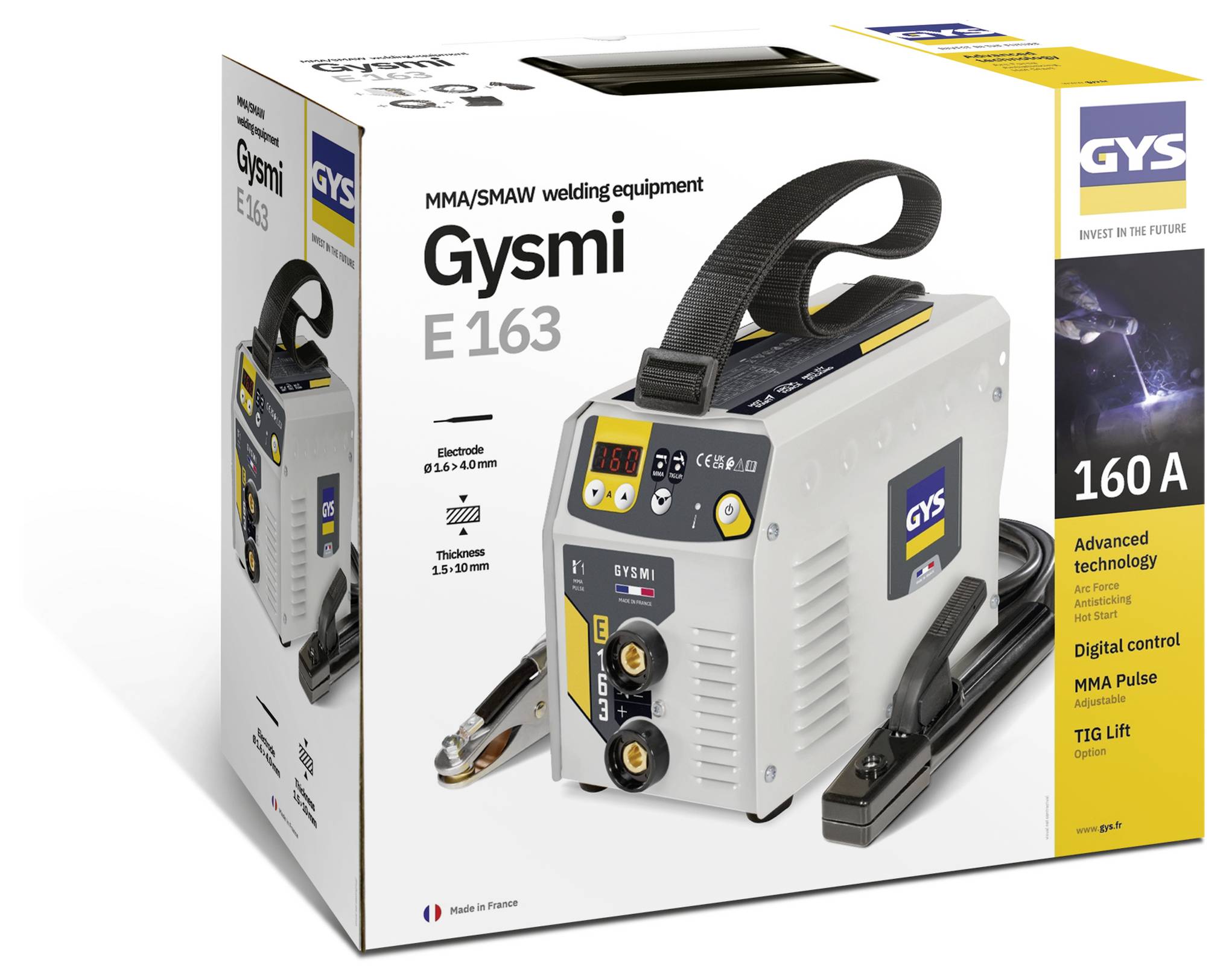 Produktbox für GYS Gysmi E163 MMA/SAW-Schweißmaschine, zeigt das Schweißgerät, die Brenner, Kabel und 160-A-Digitalsteuerungsfunktionen.