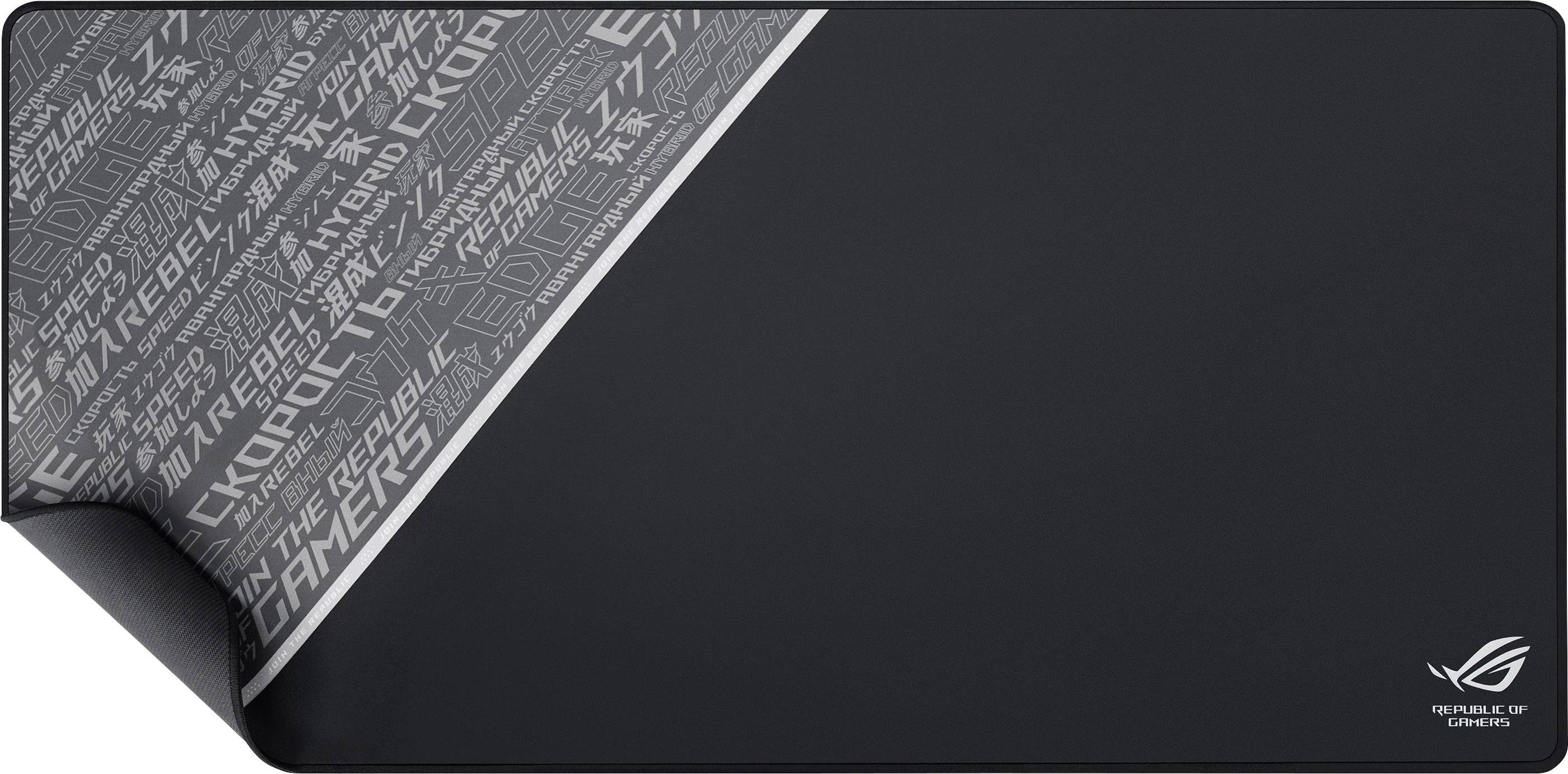 Großes, schwarzes Gaming-Mauspad mit grauem, grafischem Muster in der Ecke. Am unteren Rand befindet sich ein Logo mit dem Schriftzug 'Republic of Gamers'.