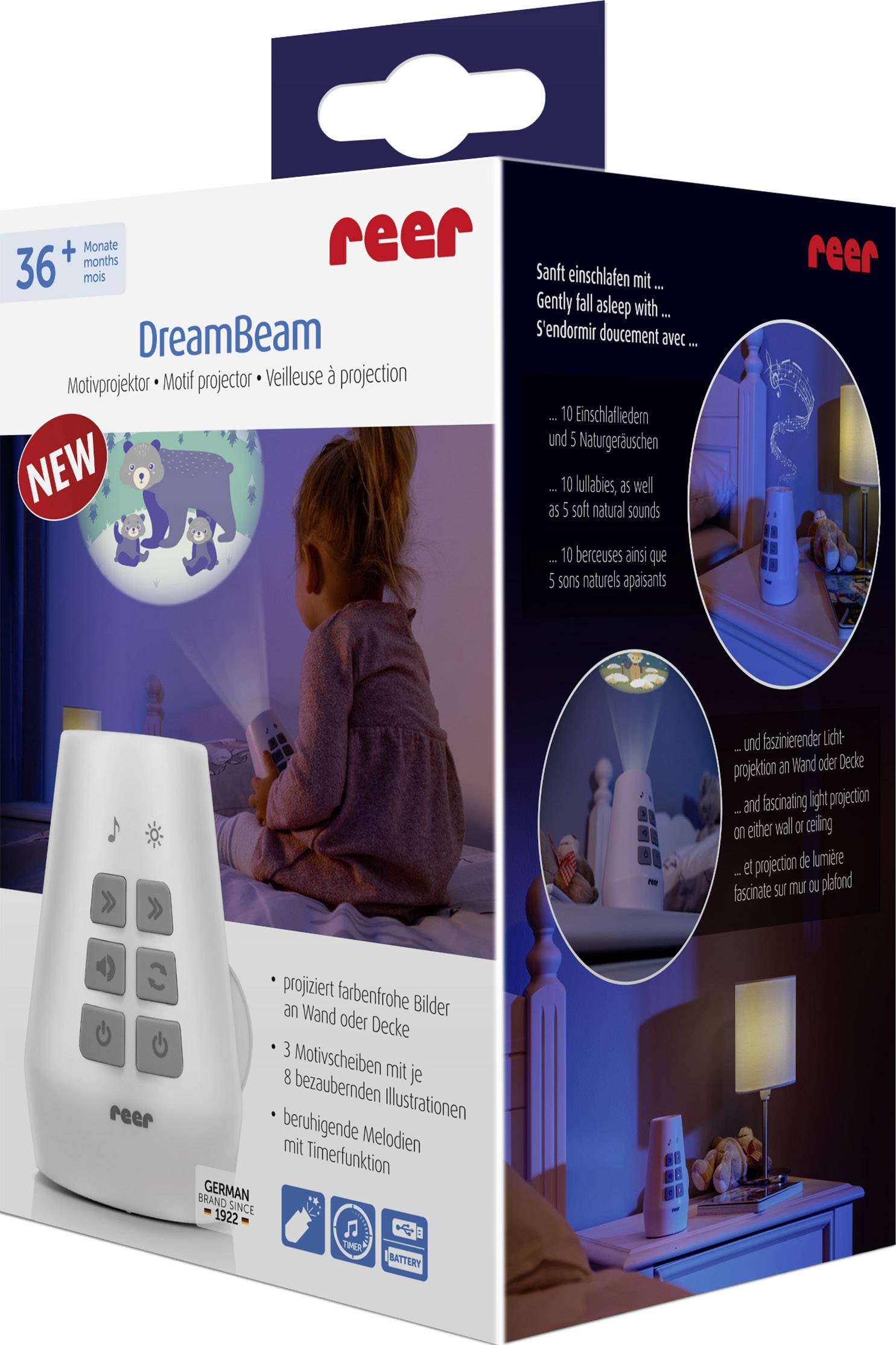 REER 52110 LED-Nachtlicht mit Projektor und Spieluhr Zylindrisch LED Mehrfarbig Weiß