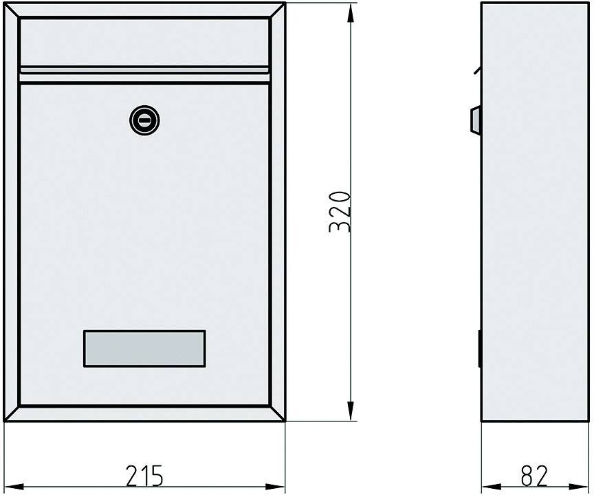 Der Briefkasten wird von vorne und der Seite gezeigt, mit Maßen: Höhe 320 mm, Breite 215 mm, Tiefe 82 mm.