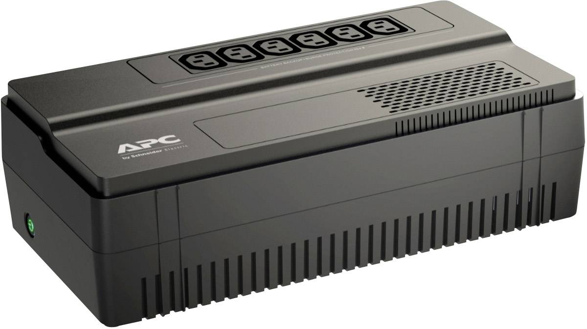 Schwarze USV mit mehreren Steckdosen auf der Oberseite. Markierung 'APC' auf der Vorderseite. Verwendet zur Absicherung elektrischer Geräte.