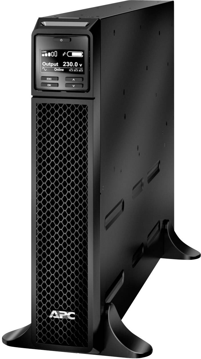 Unterbrechungsfreie Stromversorgung (USV) von APC mit Anzeige, die 230 V Output anzeigt. Freistehendes, schwarzes Gehäuse.