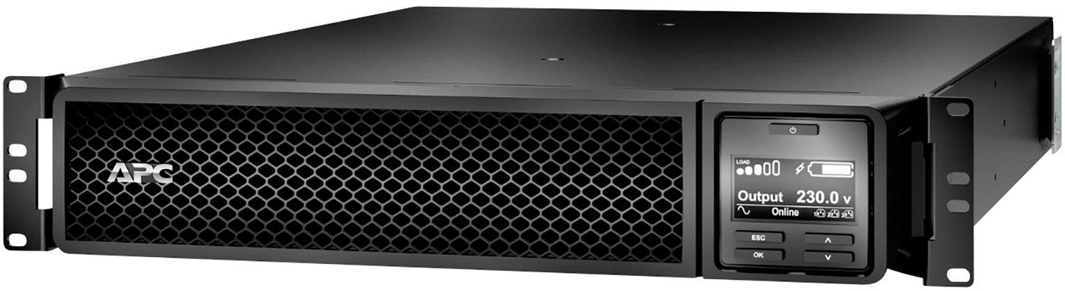 USV-Gerät in Rack-Montage, schwarze Front mit Wabenmuster, Display zeigt 'Output 230.0V', Taste zur Steuerung vorhanden.