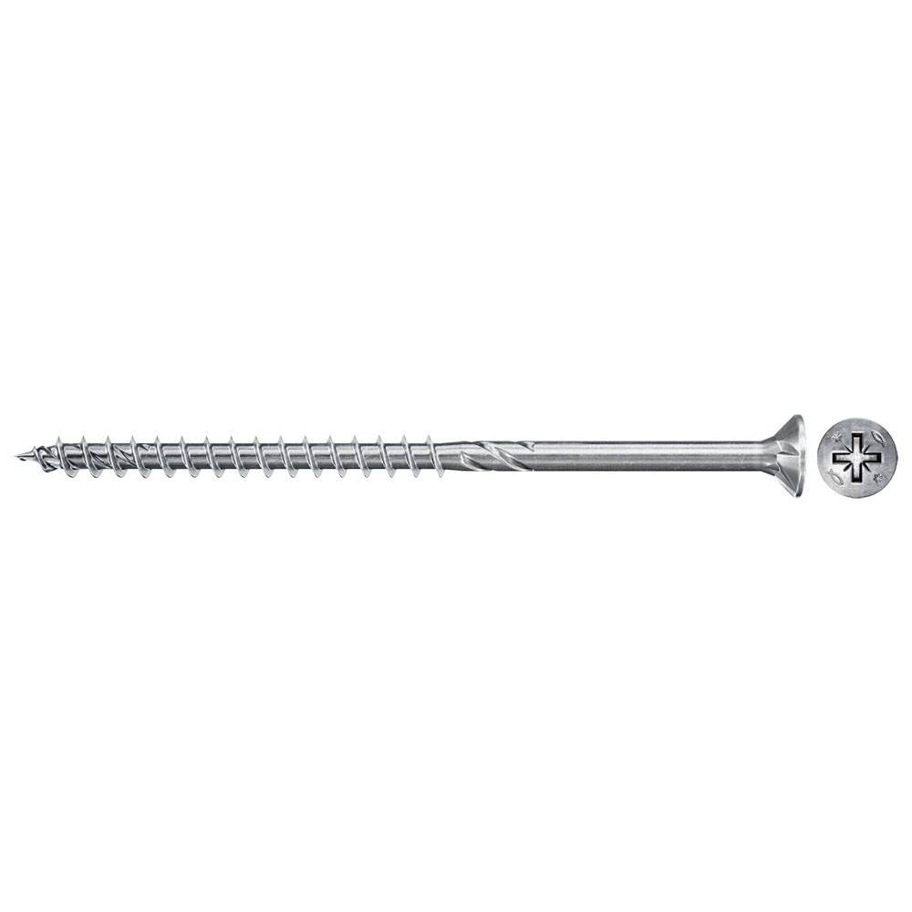 Ein langer Metallschraube mit Kreuzschlitzkopf, geeignet für Holzarbeiten.