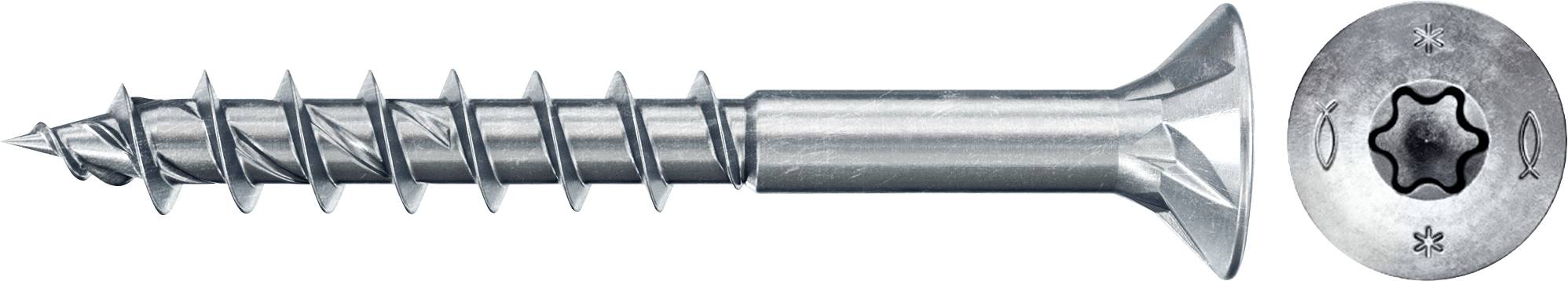 Eine silberne Schraube mit Kreuzschlitzkopf und langem Gewinde, in der Draufsicht und seitlich gezeigt.