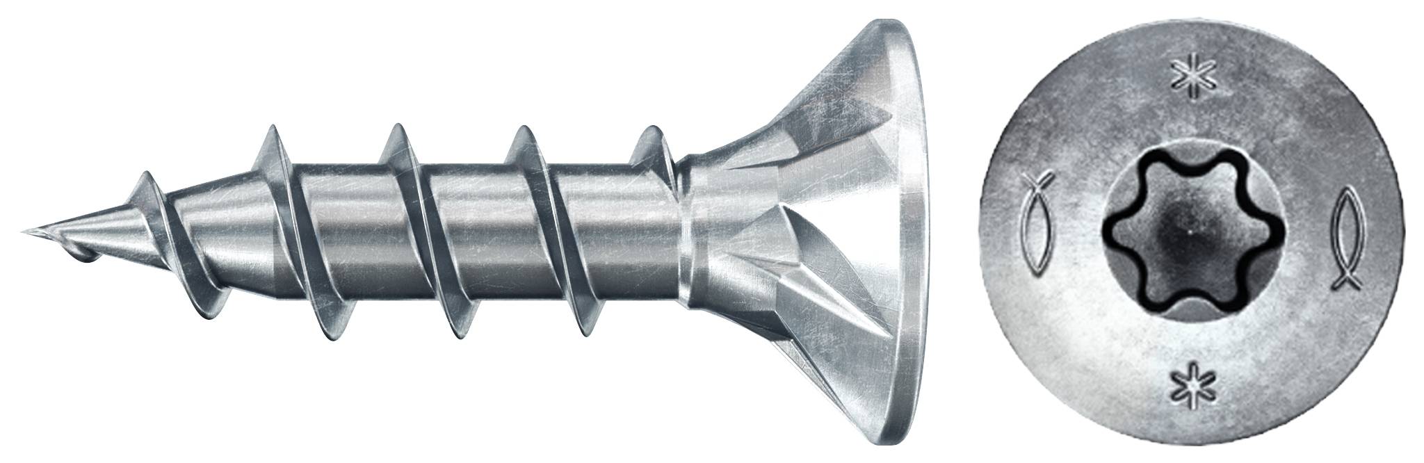 Metallschraube in Seitenansicht und Draufsicht dargestellt, mit sternförmigem Torx-Kopf und scharfer Spitze.