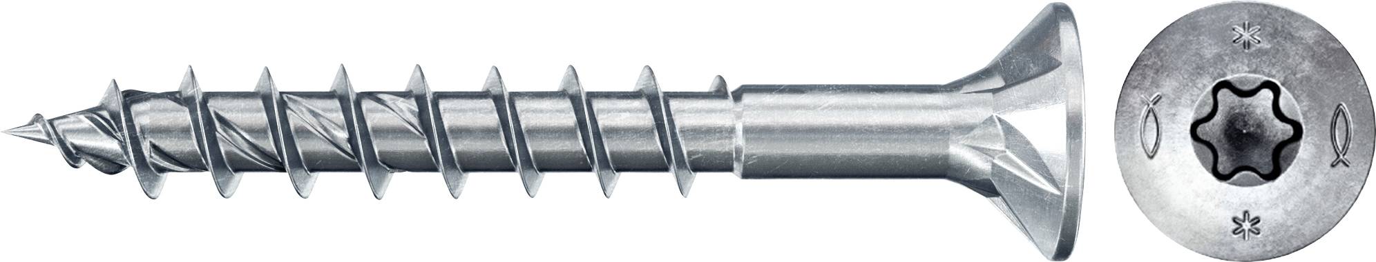 Metallschraube mit Senkkopf und Torx-Antrieb, silberfarben, von der Seite und von oben gezeigt, für Metallkonstruktionen geeignet.