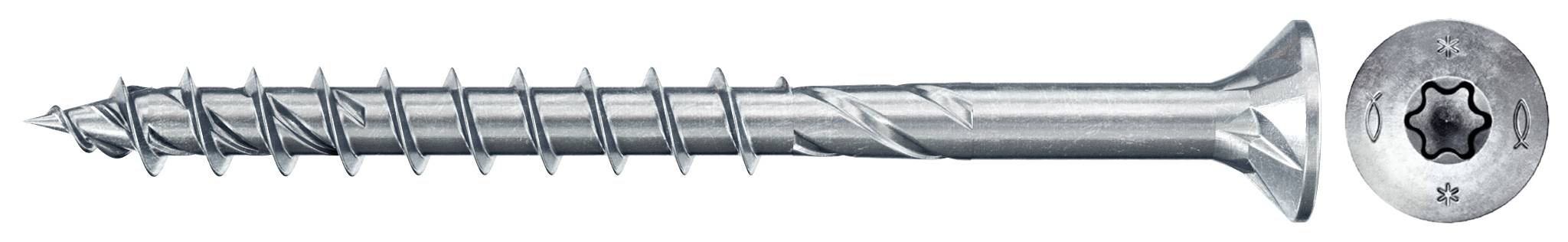 Metallschraube mit flachem Kopf und Kreuzschlitz-Antrieb. Ansicht von der Seite und von oben.