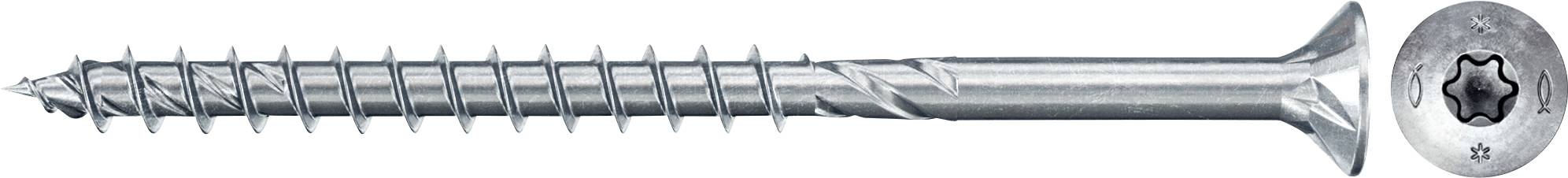 Metallschraube mit Kreuzschlitzkopf, silberfarben, langer Schaft mit Gewinde. Oberhalb eine Draufsicht des Schraubkopfes.