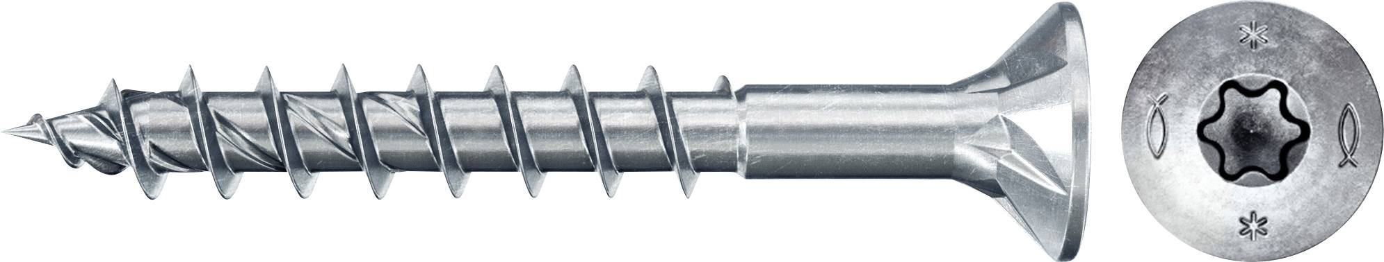 Eine einzelne silberne Holzschraube mit Senkkopf und Torx-Antrieb, dargestellt von der Seite und von oben.