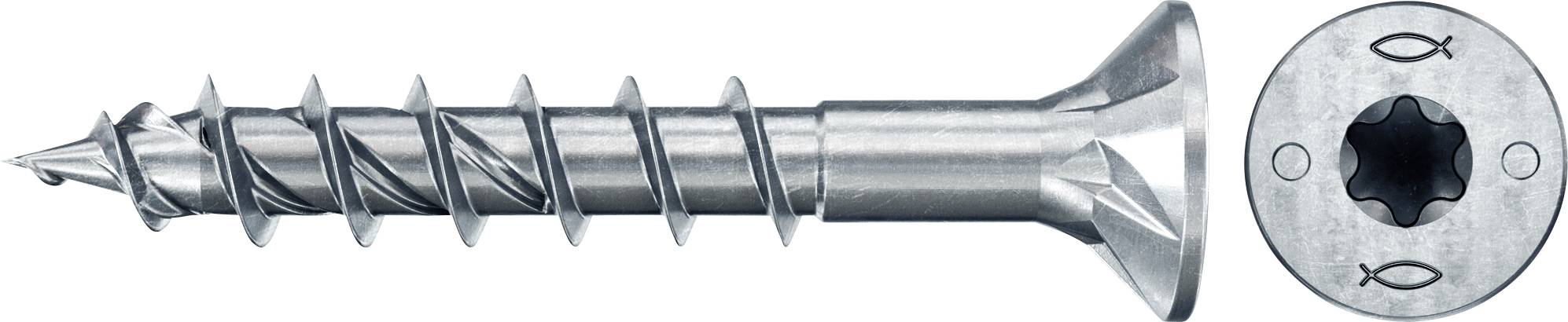 Metallschraube mit Kreuzschlitzkopf und gewindeloser Spitze, von der Seite und von oben gezeigt. Ideal für Holz- und Metallbau.