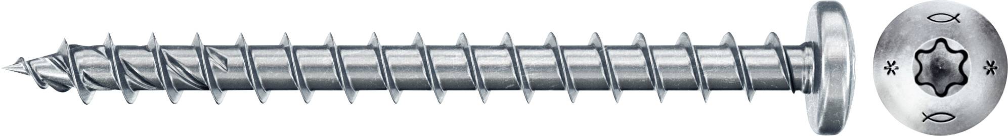 Langer Metallschraube mit flachem Kopf und sternförmigem Antrieb, seitlich und von oben sichtbar. Geeignet für Holzverbindungen.