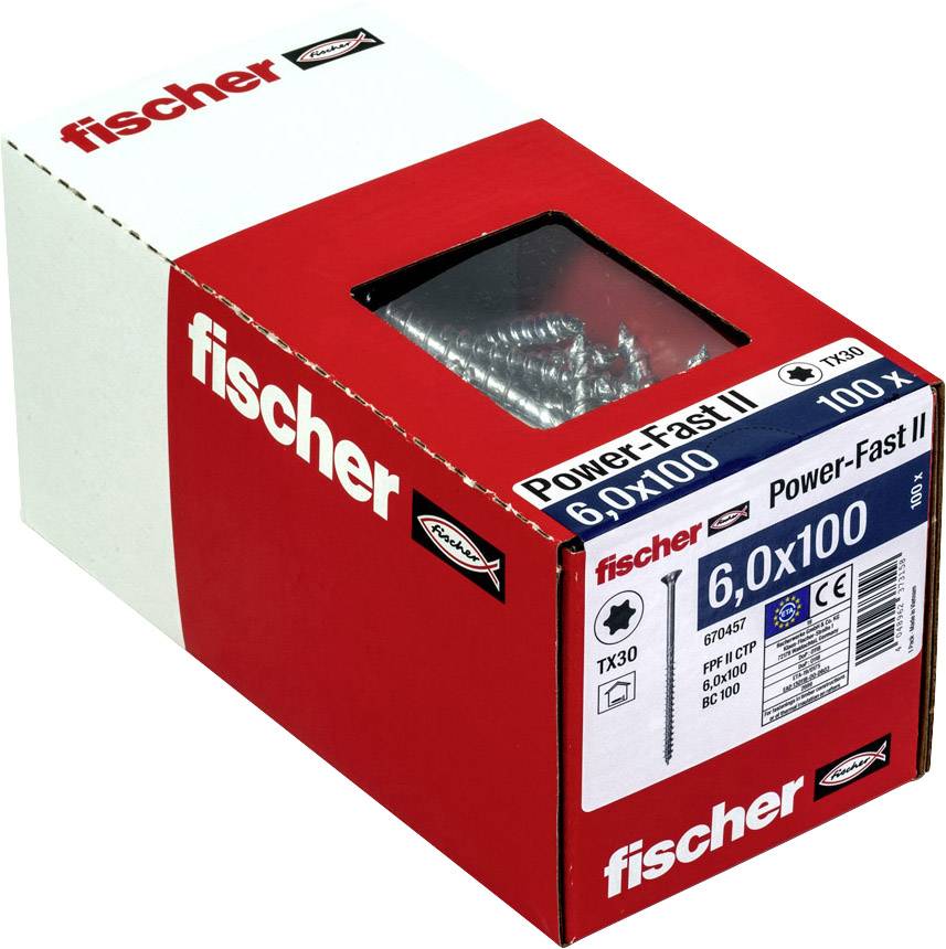 Kartonschachtel mit der Aufschrift 'fischer Power-Fast II 6,0x100'. Enthält Schrauben, Marke und technische Details sichtbar.