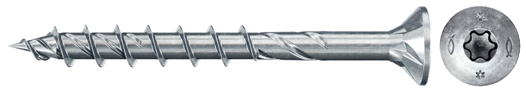 Metallschraube in Seiten- und Kopfansicht mit Sechskant-/Sternantrieb und konischem Gewellschaft mit flachem Kopf.