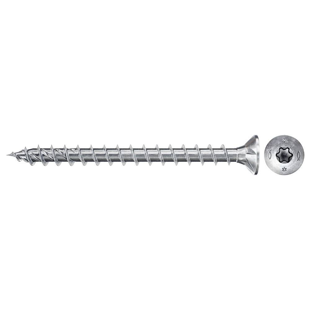 Ein einzelner silberner Metallschraube mit Kreuzschlitzkopf und spitzer Spitze liegt horizontal. Sie hat ein durchgehendes Gewinde.