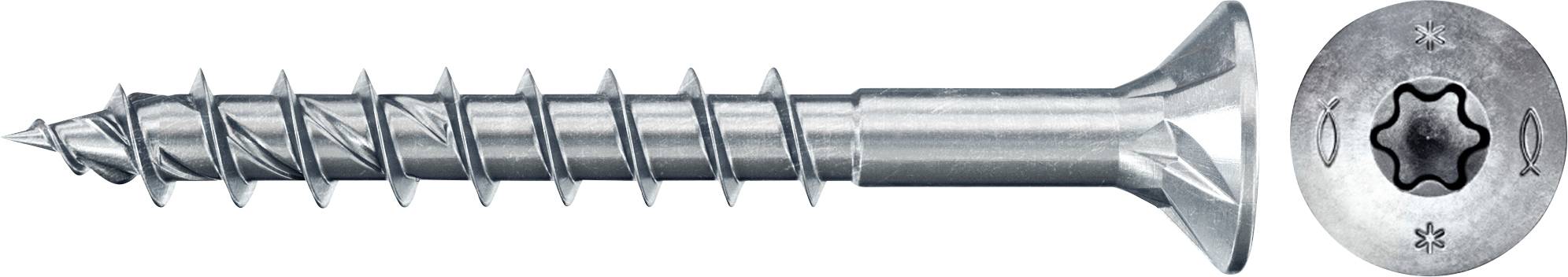 Langer, silberner Holzschraube mit Senkkopf und Torx-Antrieb, dargestellt im Profil und von oben. Ideal zum Befestigen in Holz.