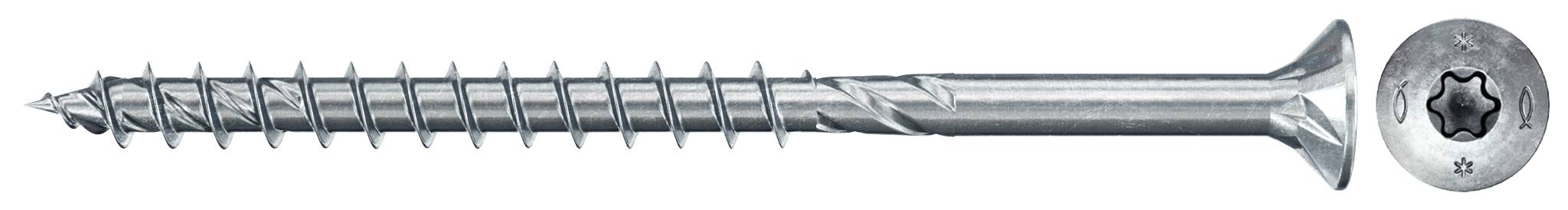 Eine versenkte Silber-Torx-Schraube, horizontal dargestellt mit spitzer Spitze und Gewindeschaft.