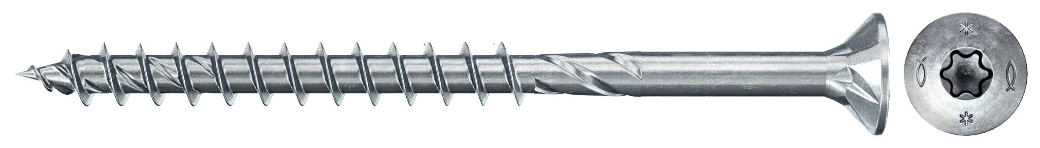 Eine Silberschraube mit Senkkopf und Stern-Antrieb, horizontal auf weißem Hintergrund dargestellt.