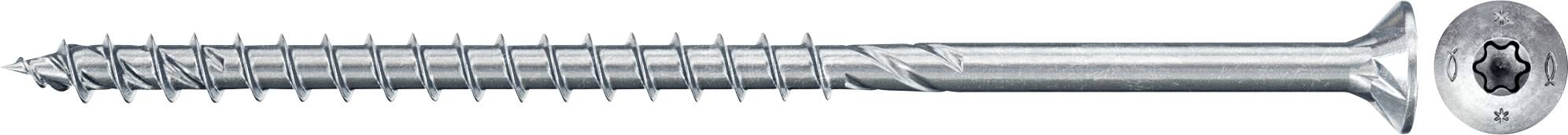 Ein silberner Holzschraube mit Torx-Antrieb, zeigt scharfe Gewinde und Senkkopf. Drehansicht des Kopfes oben rechts im Bild.